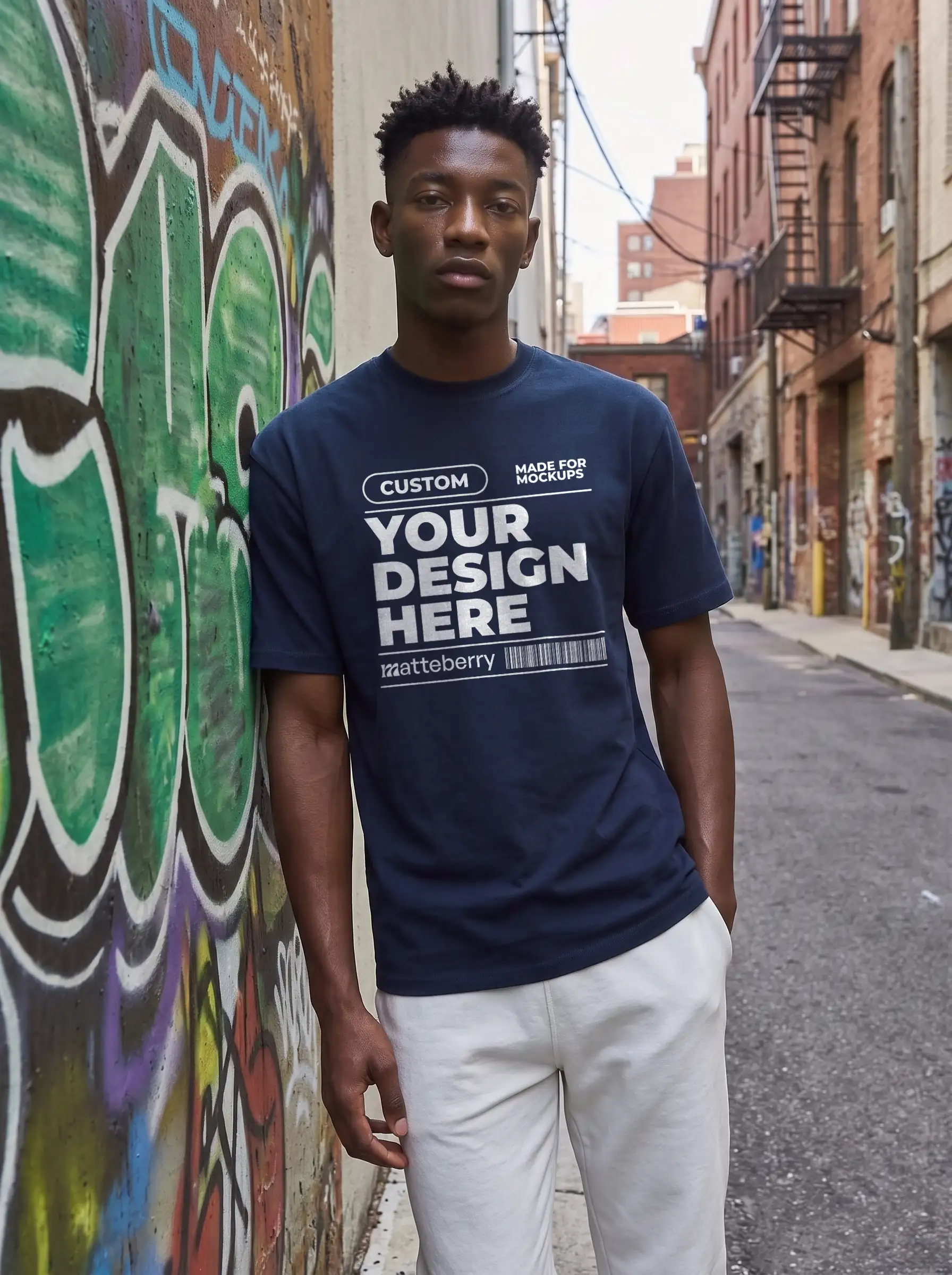 Man wearing a navy tee in front of graffiti