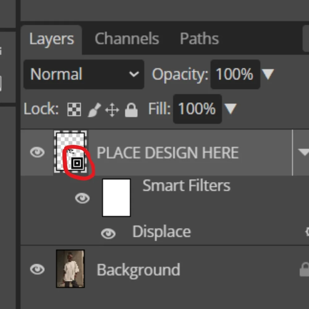 Photopea Layers panel with the smart object thumbnail on the PLACE DESIGN HERE layer circled in red