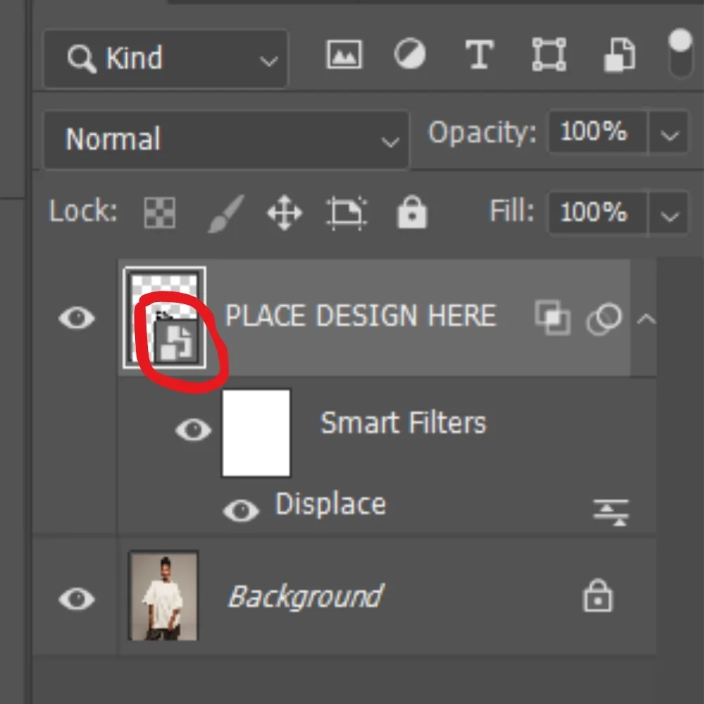 Photoshop Layers panel with the smart object thumbnail on the PLACE DESIGN HERE layer circled in red